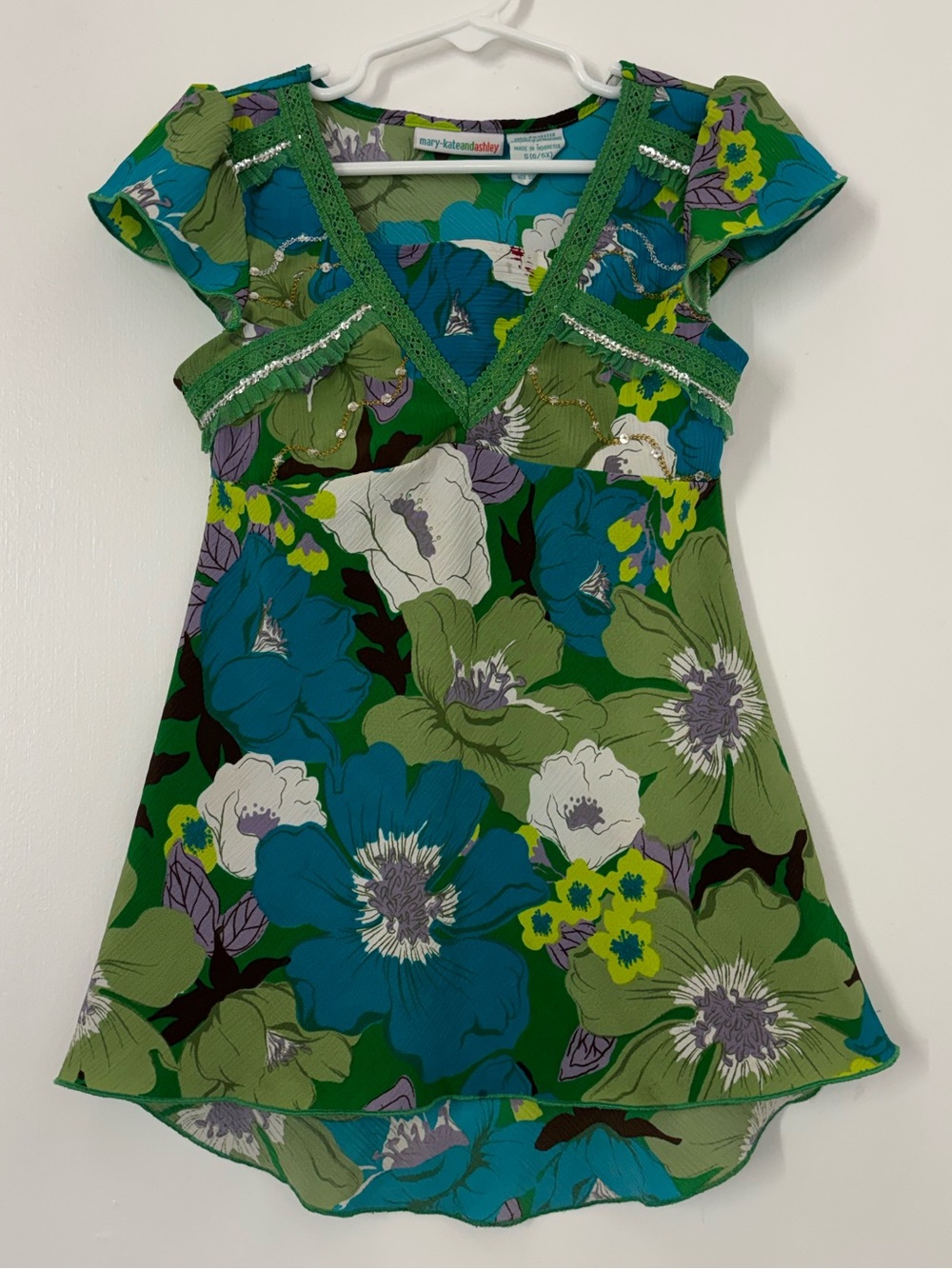 Vintage Mary-Kate and Ashley Y2K Green Floral Tunic Blouse Sequin Top Girl 6x